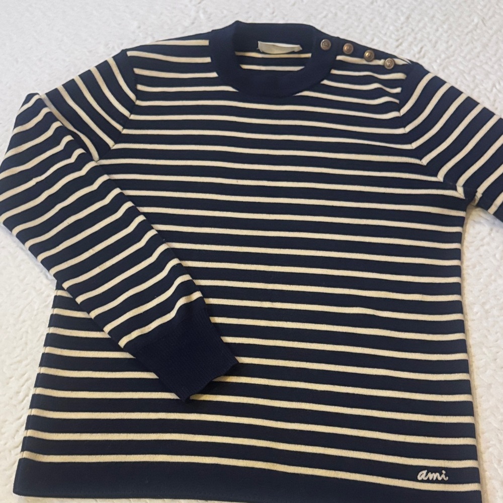 Ami Striped Navy and Cream Crewneck Sweater